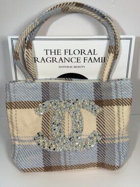 New In Bag Chanel VIP Beige & Blue Tweed Plaid Mini Tote with Pearl CC Logo